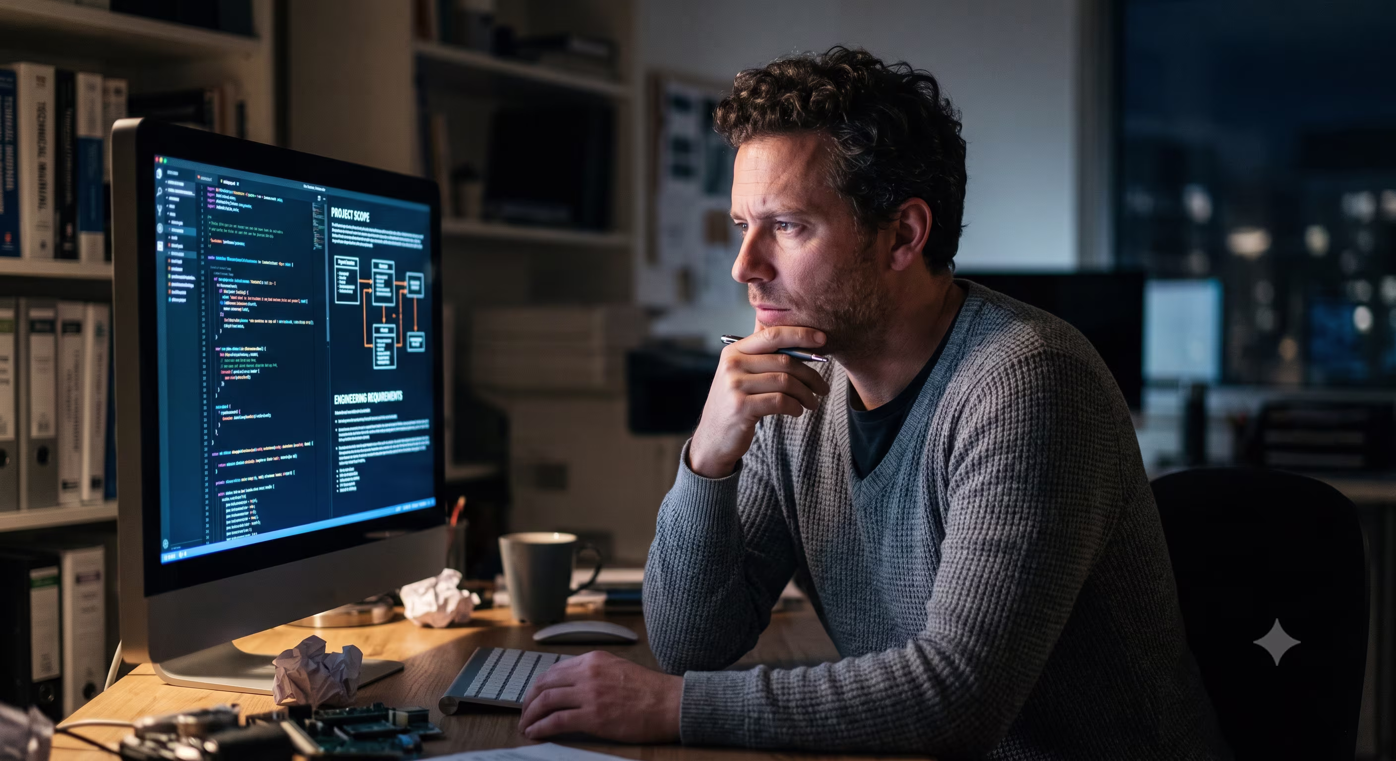 Software engineer lit by a monitor while scoping a project