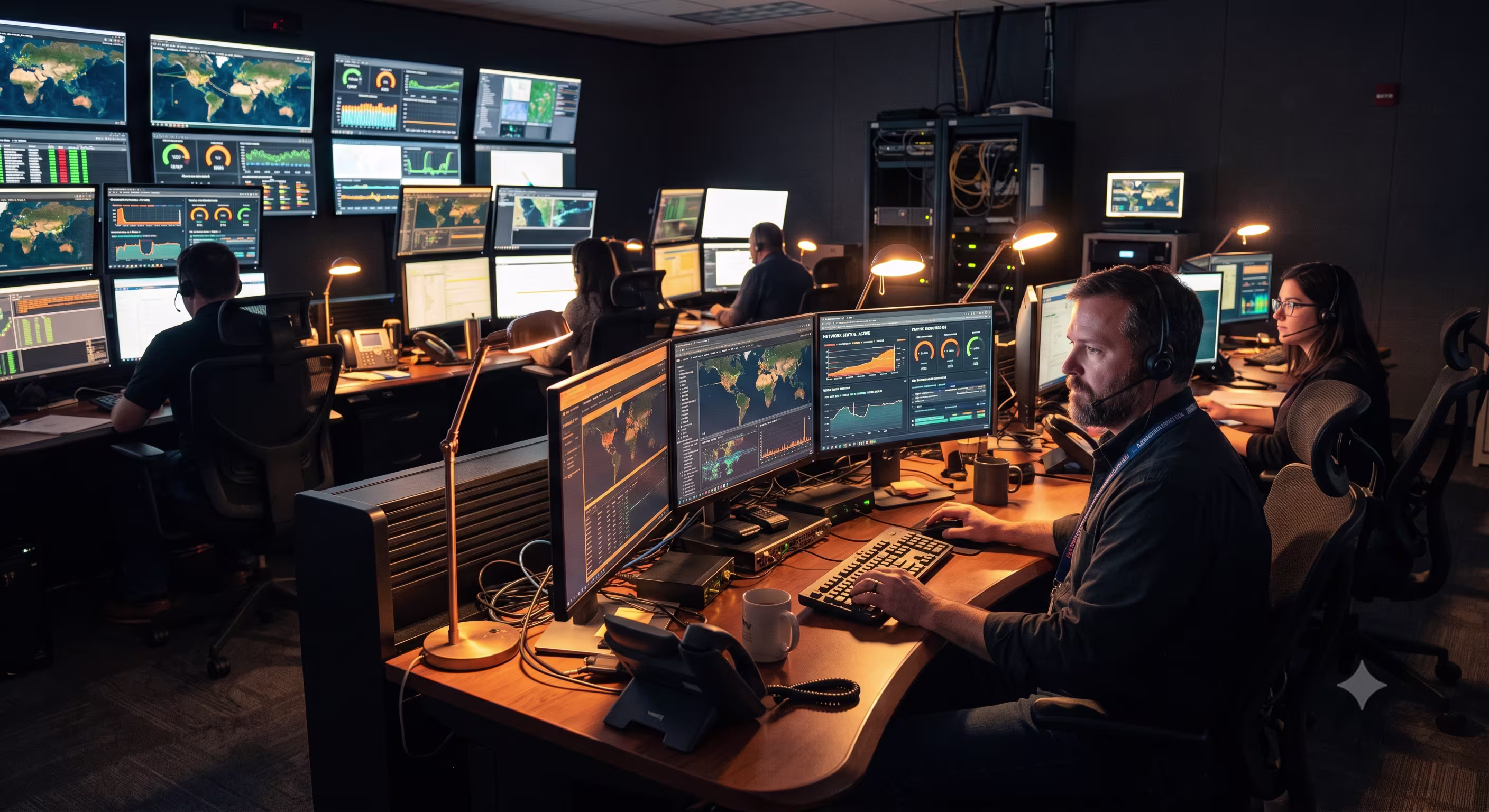 Warm light in a dark operations room where software is monitored 24/7